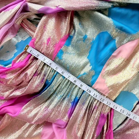 Halston Nisa Gown Printed Fil Coupe Fuschia Turquoise Gold One-Shoulder Dress 4 - Picture 14 of 16